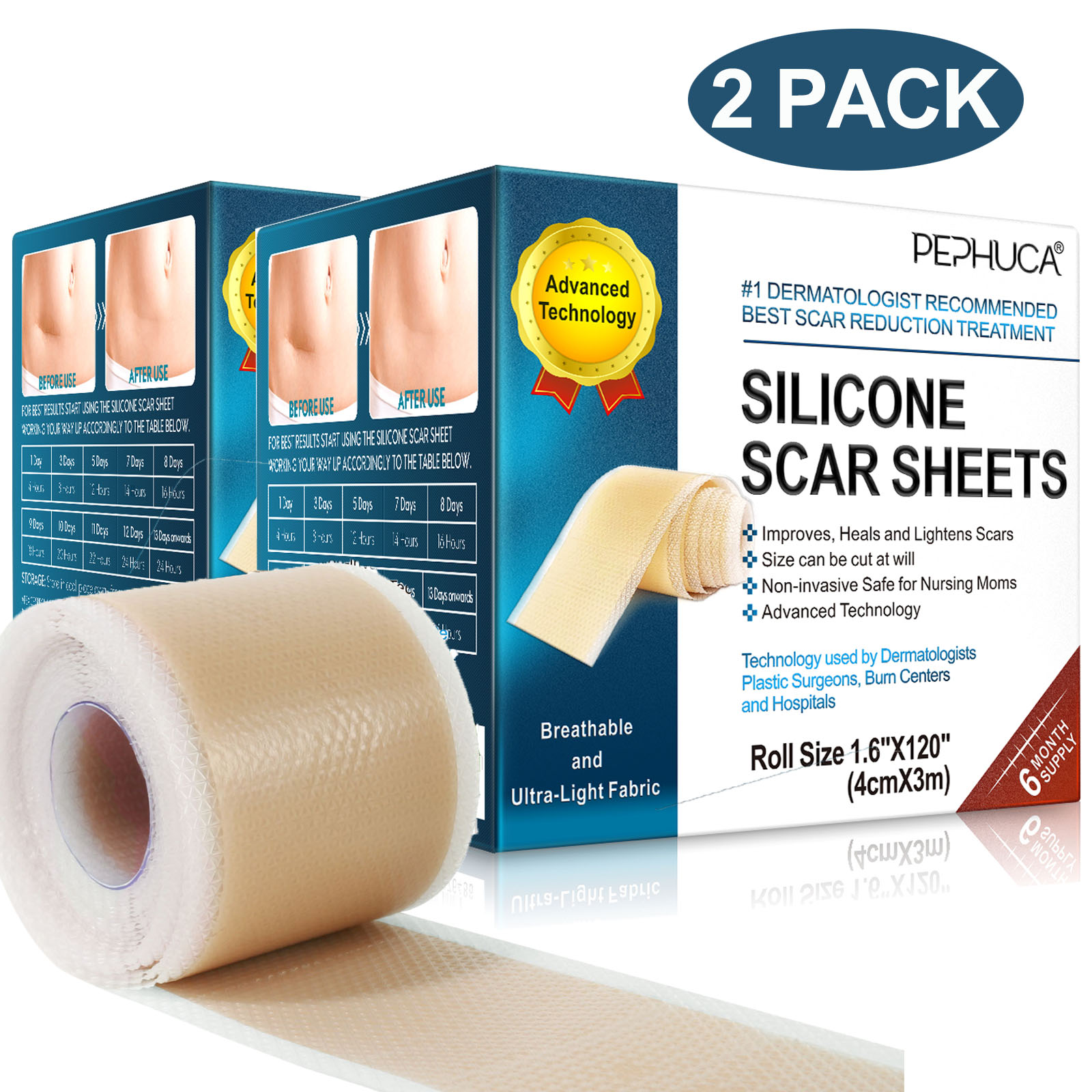 Pephuca Medical Grade Silicone Scar Sheets,Reusable and Breathable Silicone  Gel Tape for Scar Removal,120inch x 1.6inch Roll Reusable 6 Months Supply -  2 Pack 